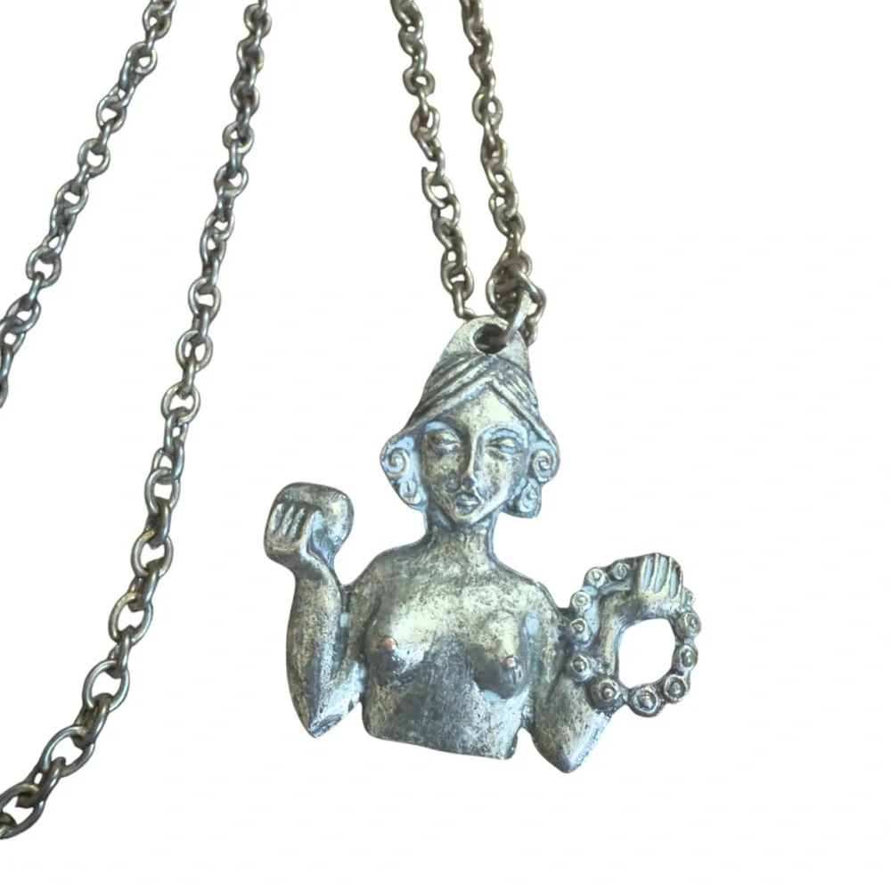 1970’s Boho Estate Silver African Goddess Pendant Necklace, 14.75” Long